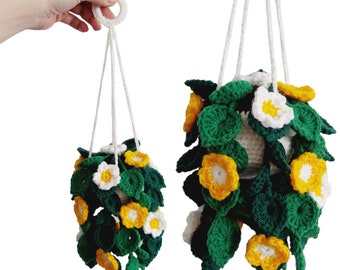 Crochet Hanging Vine Flower Plant, Home Decor, Potted Flowers, White and Yellow Flowers, Crochet Flowers in the Pot