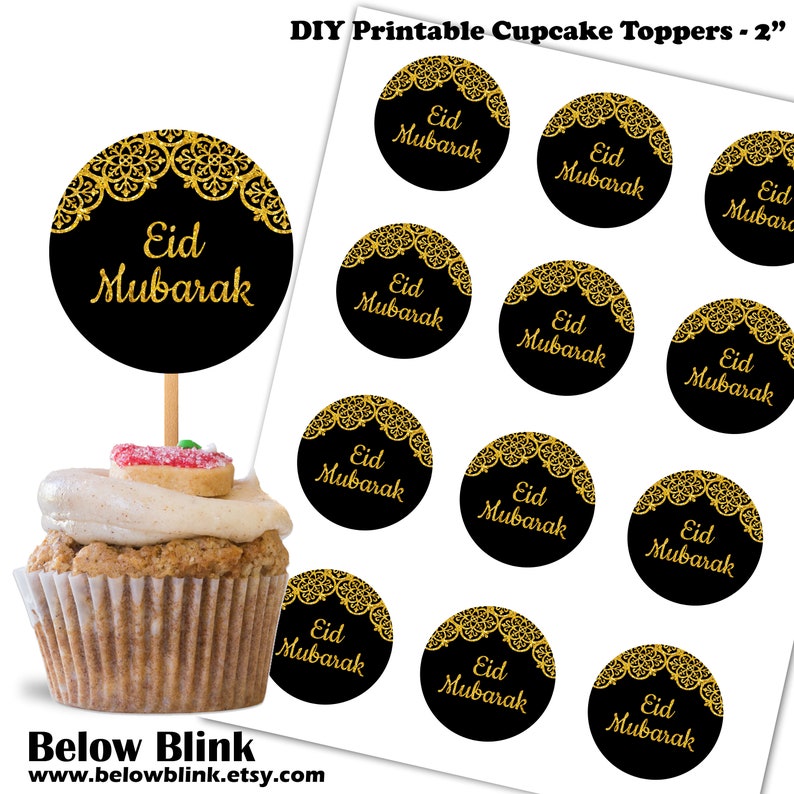 Eid Mubarak Cupcake Toppers Royal Black and Gold Tags Eid