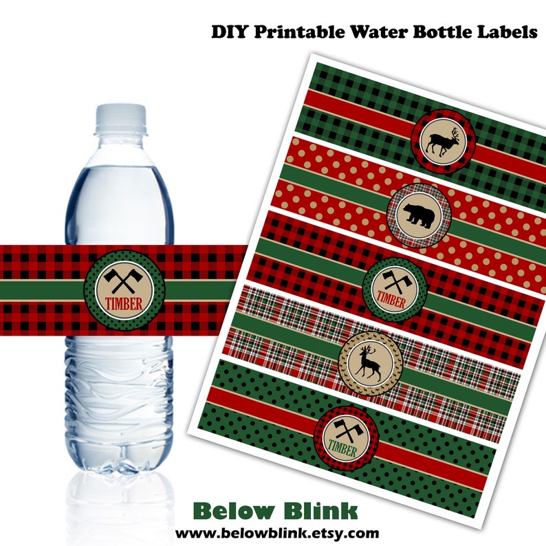 Lumberjack Water Bottle Labels, Printable Water Bottle Labels, Lumberjack Party Decor, Buffalo Plaid Birthday Instant Download DP468 image 1