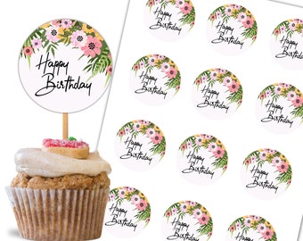 Happy Birthday Cupcake Toppers, Floral Toppers, 1st Birthday, Printable Round Tags, Confetti, Birthday Decorations, Instant Download, DP848