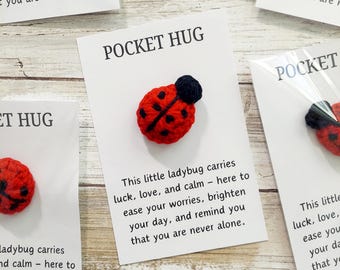 May include: A red and black ladybug-shaped pocket hug on a white card. The card reads "POCKET HUG" and includes a message about luck, love, and easing worries. Several cards are visible.