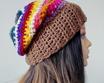 Handmade Crochet Slouchy Beanie: Brown Multicolor Women's Hat