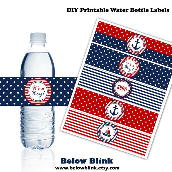 Nautical Water Bottle Labels, Printable Water Bottle Labels, Nautical Theme Party Decor, It's a Boy Baby Shower, Instant Download - DP449