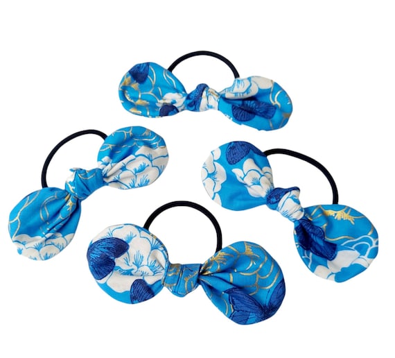 Blue Gold Floral Top Knot Bow Hair Tie Bun Ponytail Holder Elastic Hair Girls Women Accessory Il_570xn