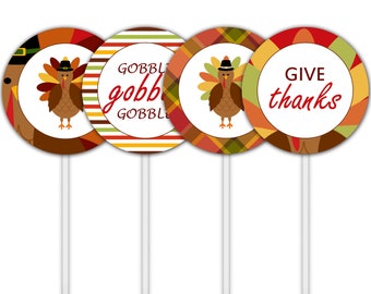 Printable Thanksgiving Cupcake Toppers, Give Thanks, Thanksgiving DIY Tags, Turkey Tags, Gobble, Thanksgiving Party, Instant Download DP647