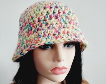 Handmade Crochet Chunky Bucket Hat: Multicolor Acrylic Winter Hat