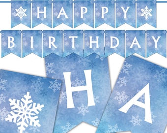 Frozen Happy Birthday Banner, Printable Banner, Winter Wonderland Party Decorations and Supplies, Snowflake, Instant Download DP951