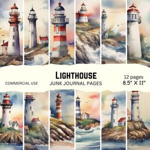 Watercolor Lighthouse Junk Journal Printable Pages, Lighthouse Digital Paper Pack, Coastal Backgrounds, Printable Scrapbook Paper