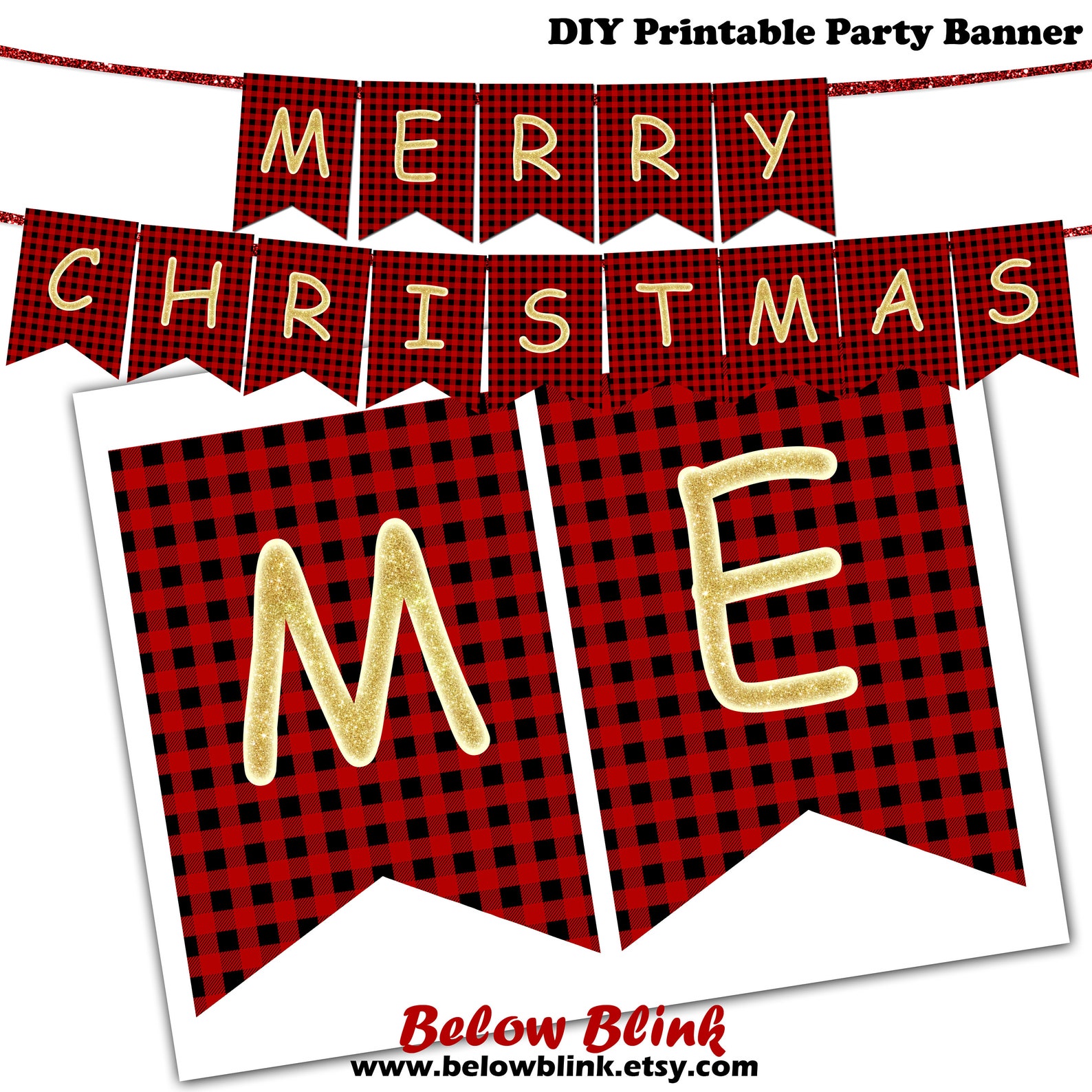 Red Plaid Merry Christmas Banner Printable Christmas Banner - Etsy