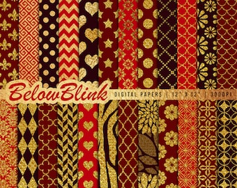May include: Set of 12 digital papers featuring red and gold glitter patterns. The patterns include geometric shapes, hearts, stars, and floral designs.  Below Blink Digital Papers | 12" x 12" | 300DPI
