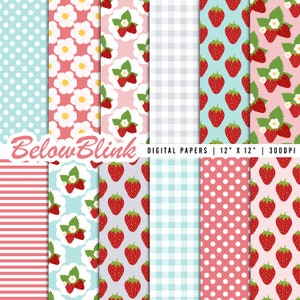Erdbeere Digitales Papier, Nahtlose Hintergründe, Scrapbook Papier, Printable Papers, Geburtstag, Gingham, Polka Dots, Chevron - DP1093