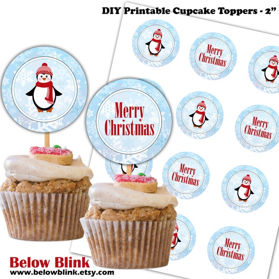 Printable Penguin Merry Christmas Cupcake Toppers Snowflakes