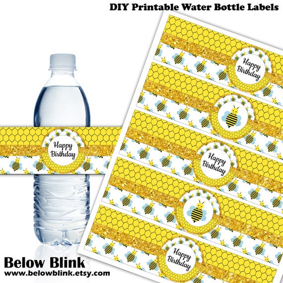 Bumble Bee Happy Birthday Water Bottle Labels First Birthday Party Decorations Printable Bee Instant Download DP986 Il_570xn