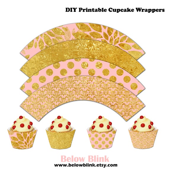 Printable Blush and Gold Cupcake Wrappers, Bridal Shower Cupcake