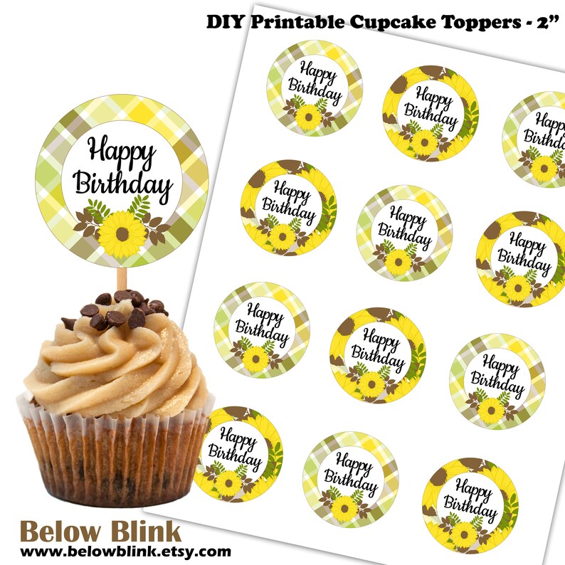 Sunflower Happy Birthday Cupcake Toppers Birthday Party Etsy