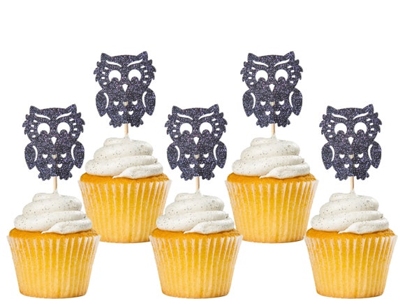 Glitter Black Owl Cupcake Toppers 12CT, Owl Baby Shower, Owl Birthday Party, Woodland Theme Party Decorations - No291 Il_570xn