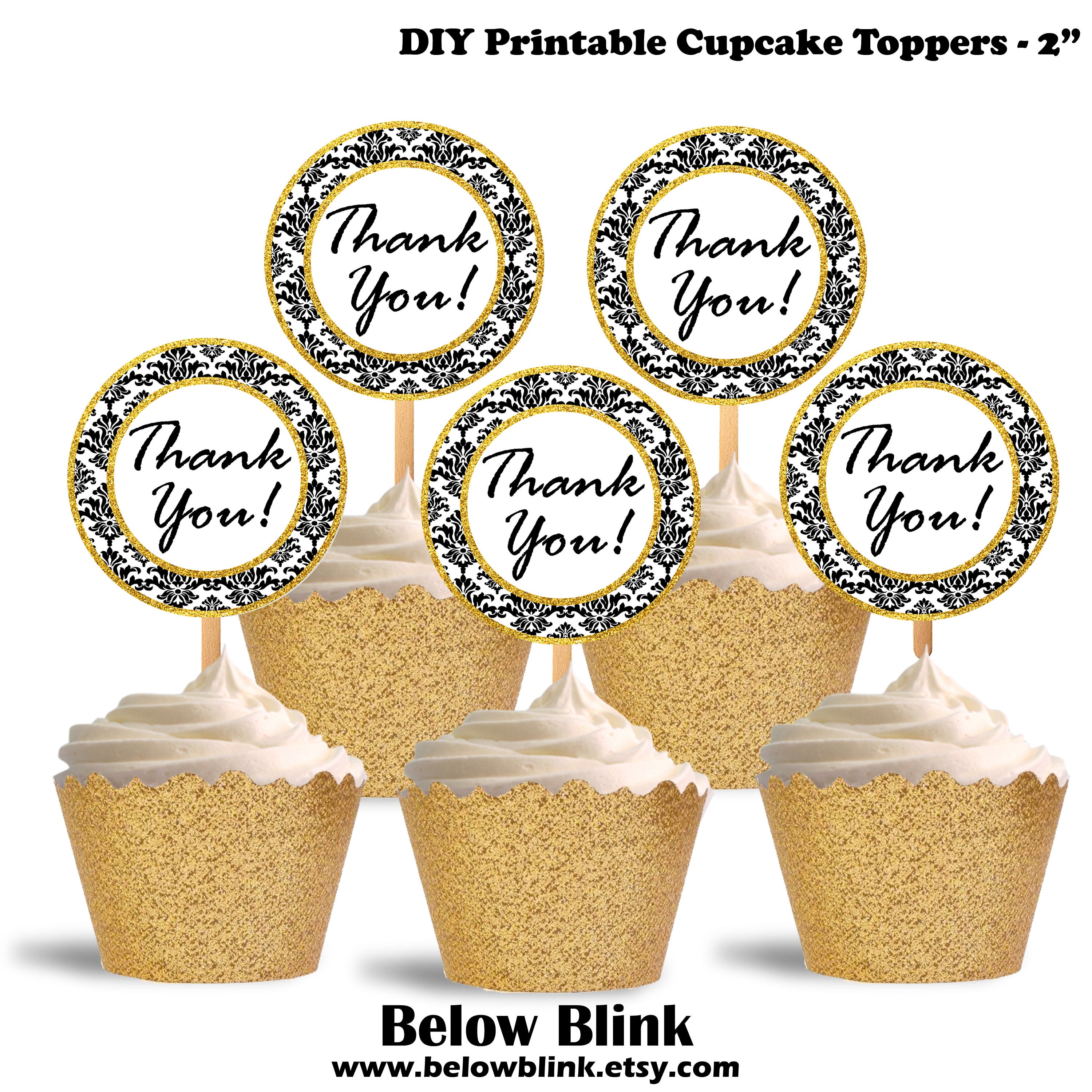 Thank You Cupcake Toppers Damask And Gold Printable Cupcake Etsy