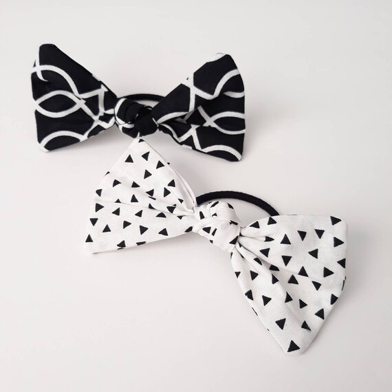 White Black Top Knot Bow Hair Tie Bun Ponytail Holder Elastic Hair Girls Women Accessories Set of 2 Il_570xn