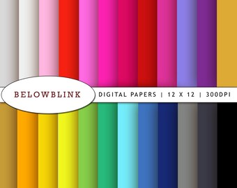 May include: A set of 20 digital papers featuring solid colors in a variety of shades. The colors include white, pink, red, magenta, purple, blue, green, yellow, orange, and black. The papers are 12 inches by 12 inches and 300 DPI.