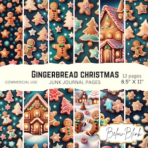 Diario basura navideño de pan de jengibre imprimible, paquete de papel digital de casa de pan de jengibre, fondos imprimibles, papel de álbum de recortes imprimible