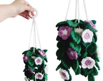 Crochet Hanging Vine Flower Plant, Home Decor, Potted Flowers, Purple and White Flowers, Crochet Flowers in the Pot