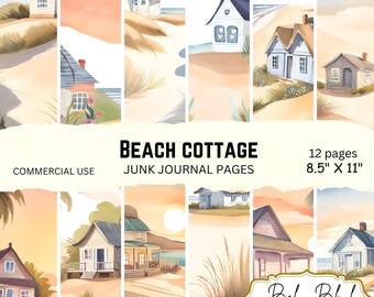 Beach Cottage Junk-dagboekpagina's, digitaal papierpakket, afdrukbaar papier, achtergronden, ephemera, plakboekpapier, direct downloaden