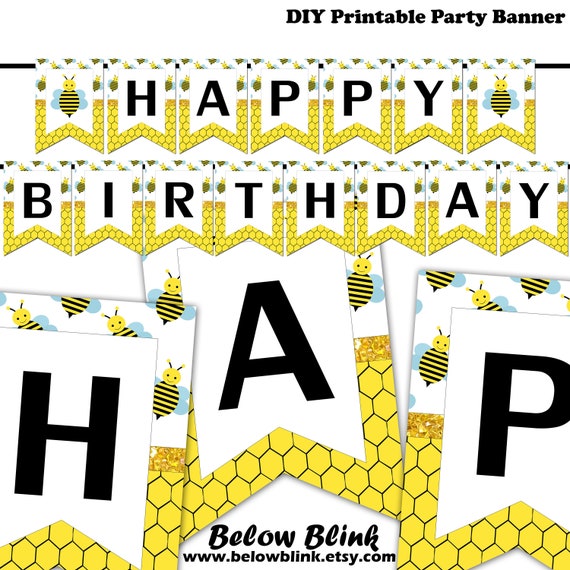 Bumble Bee Happy Birthday Banner Printable Banner Bumblebee Etsy