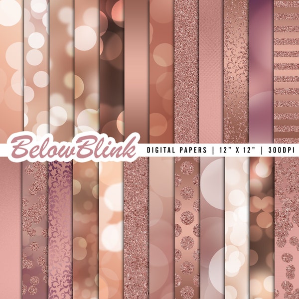 Rose Gold Bokeh Digital Paper Metallic Glitter Scrapbook Paper Photography Backdrop Damask Background Commercial Use DP910