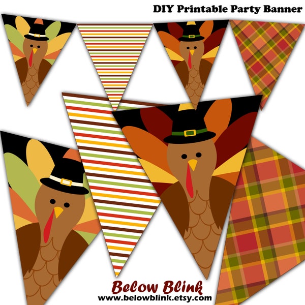 Thanksgiving Banner, Printable Turkey Banner, Thanksgiving Party Pennant Banner, Give Thanks Banner, Plaid, Instant Download - DP648