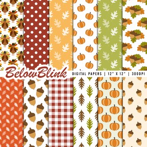 May include: Set of 10 digital papers featuring autumnal patterns.  The patterns include turkeys, pumpkins, acorns, leaves, and plaid.  The papers are 12 inches by 12 inches and 300 DPI.
