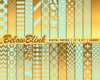 Mint Green and Gold Digital Paper, Gold Background, Scrapbook Papers, Gold Foil Patterns, Luxury Digital Paper, Commercial Use DP538