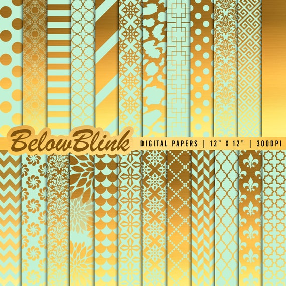 Mint Green and Gold Digital Paper, Gold Background, Scrapbook Papers, Gold Foil Patterns, Luxury Digital Paper, Commercial Use DP538 Il_570xn