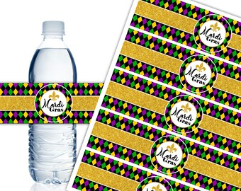 May include: Printable water bottle labels with a Mardi Gras theme. The labels feature a gold glitter background with black, green, and purple diamond patterns. Each label has a circle with the text "Mardi Gras" and a fleur-de-lis.