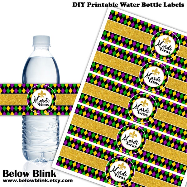 Mardi Gras Water Bottle Labels, Wrappers, Printable Labels, Mardi Gras Party Decor, Mardi Gras Labels, Instant Download - DP933