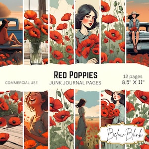Red Poppies Junk Journal Pages Digital Paper Pack Printable Poppy Backgrounds Floral Ephemera Printable Scrapbook Paper