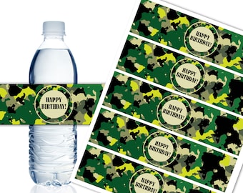 Camouflage Happy Birthday Water Bottle Labels, Printable Water Bottle Labels, Birthday Party Decor, Camo Birthday, Instant Download - DP610