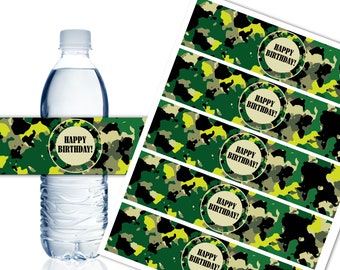 Camouflage Happy Birthday Water Bottle Labels, Printable Water Bottle Labels, Birthday Party Decor, Camo Birthday, Instant Download - DP610