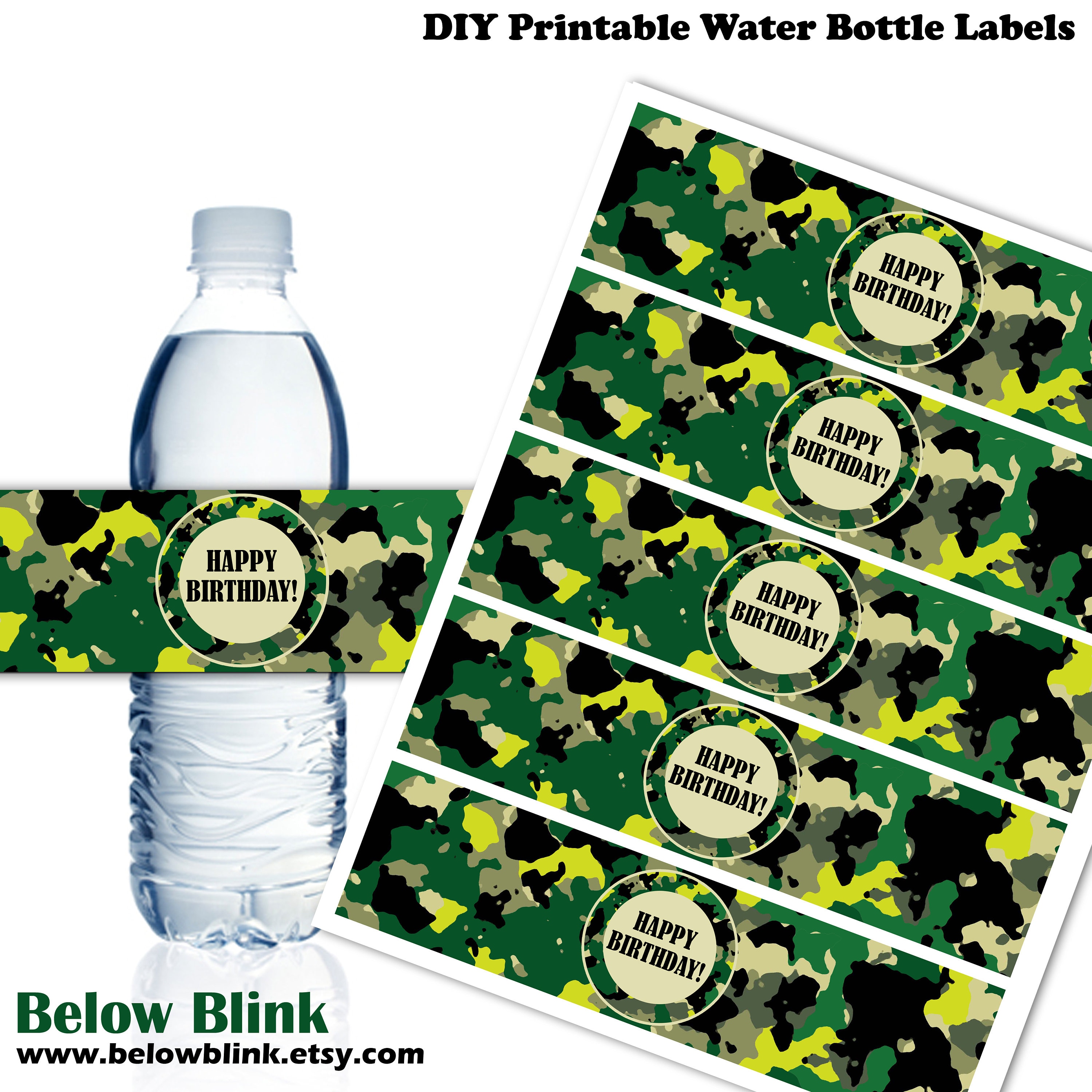 camouflage happy birthday water bottle labels printable water etsy