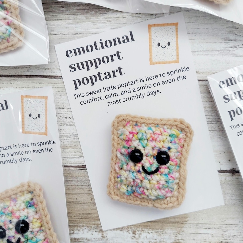 Crocheted amigurumi PopTart plushie for emotional support with card, handmade toy for anxiety relief and pocket comfort gift
