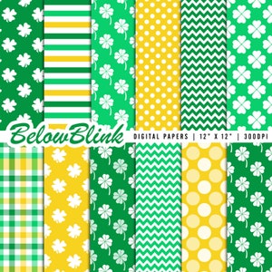 May include: Set of 8 digital papers featuring green and yellow patterns with white four-leaf clover designs. The papers are 12 inches by 12 inches and 300 DPI. "Below Blink" is written in a stylized font at the bottom of the image.