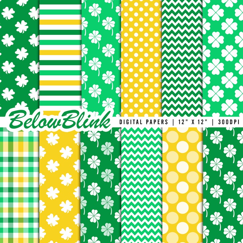 St. Patrick's Day Digital Paper, Seamless Backgrounds, Scrapbook Paper, Printable Papers, Four Leaf Clover, Fabric Design DP1104 image 1