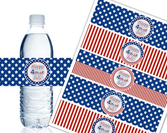4th of July Water Bottle Labels, Printable Water Bottle Labels, Independence Day Party Decor, DIY - Instant Download - DP593