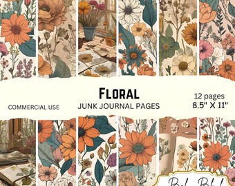 Floral Junk Journal Pages, Floral Digital Paper Pack, Floral Backgrounds, Ephemera, Printable Scrapbook Paper
