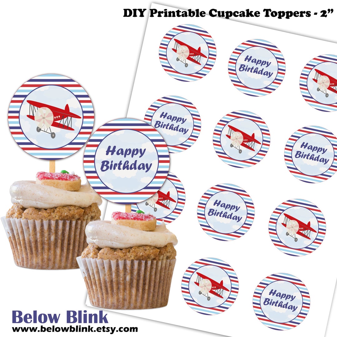 Airplane Happy Birthday Cupcake Toppers Printable Airplane Etsy