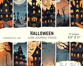 May include: Twelve printable pages featuring spooky Halloween illustrations of haunted houses, trees, and moons. The pages are designed for use in junk journals and are 8.5 inches by 11 inches.