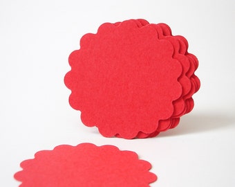 50 - 1.5" Red Scalloped Circles Punch Tags, Gift Tags, Cupcake Toppers, Scrapbooking, Embellishments - No250