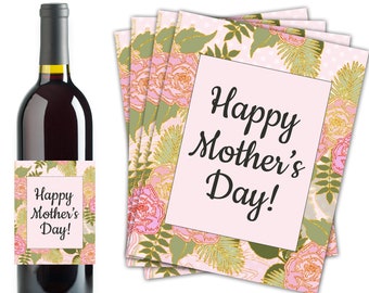 Happy Mother's Day Wine Bottle Labels, Printable Wine Bottle Labels, Mother's Day Party Decor, Floral Gift Tags, Instant Download - DP924