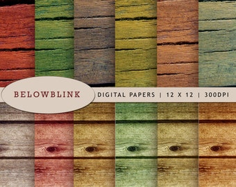 May include: Set of eight digital paper textures featuring various wood grain patterns in shades of red, green, brown, and yellow. The papers are 12 inches by 12 inches and 300 DPI.