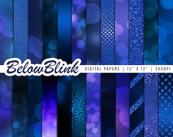 Blue Bokeh Digital Paper, Blue Glitter Scrapbook Paper, Lights, Lens Effect Gold Bokeh Background, Blue Metallic, Commercial Use DP908