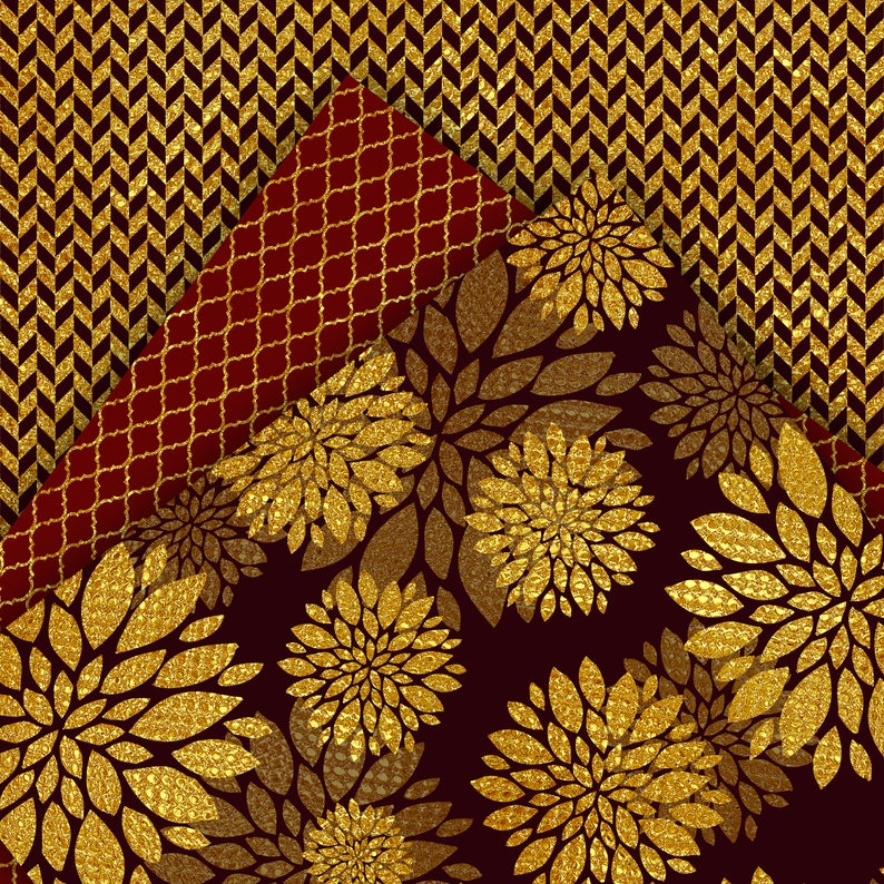 Red and Gold Digital Paper background scrapbooking instant download polka dots stars hearts damask gold foil DP529 image 2